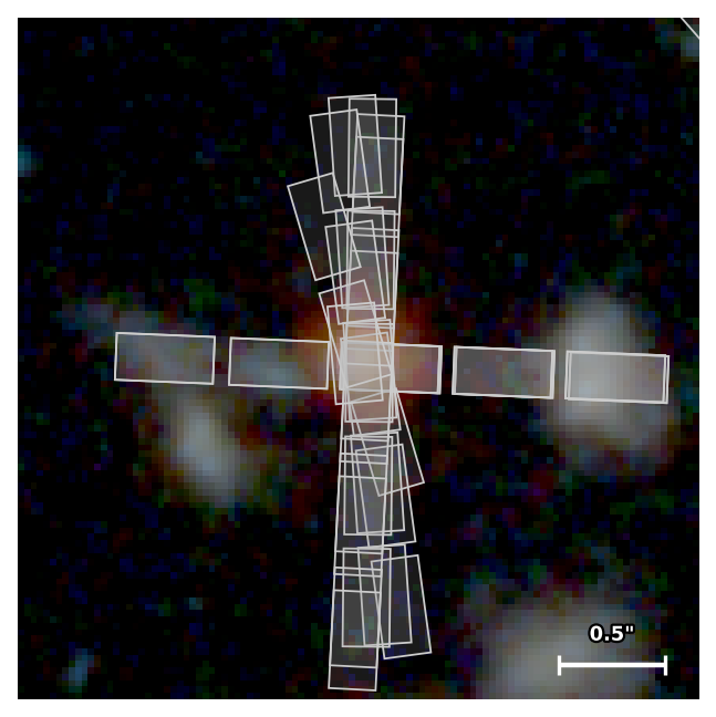NIRCam RGB cutout of J141934.14+525238.7 with all NIRSpec MOS shutters overlaid.